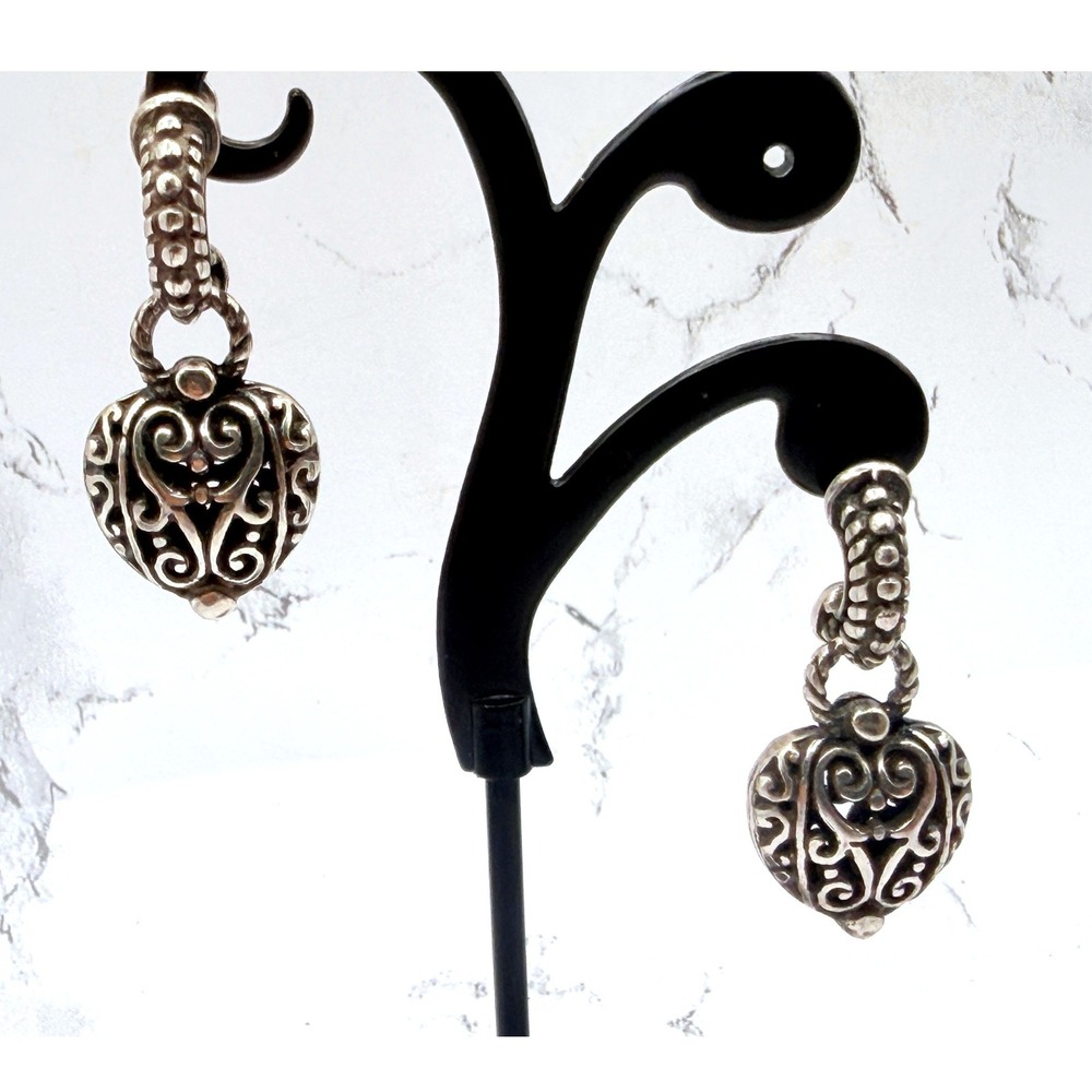 Retro Silver Tone Filigree Puffy Heart‎ Dangle Earrings 1.25"